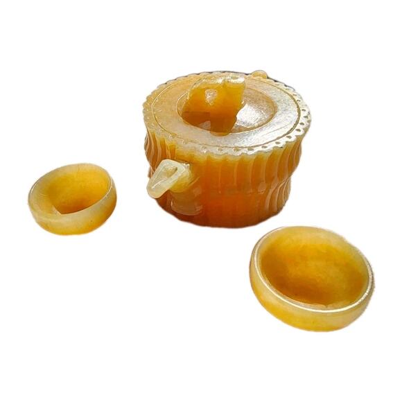 Golden Nephrite Stone Hand Carved Traditional Chinese Teapot 2 Cups Yellow Jade - Picture 1 of 16